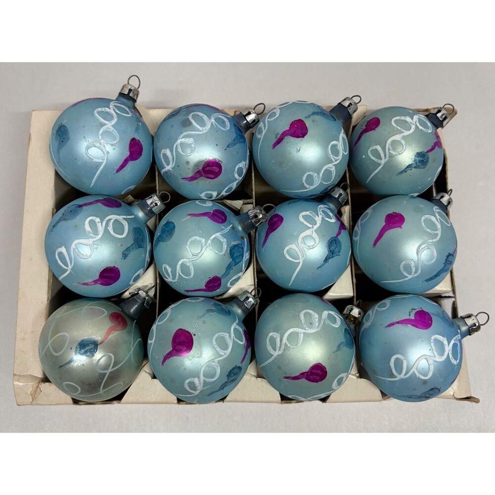 Vtg Poland Glass Christmas Ornaments Blue Balloon Swirl Hand Painted Small 1.75”